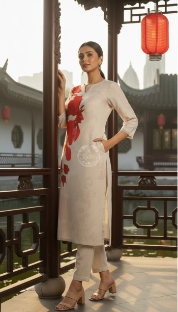 Beige Linen Botanical Print Kurta Set